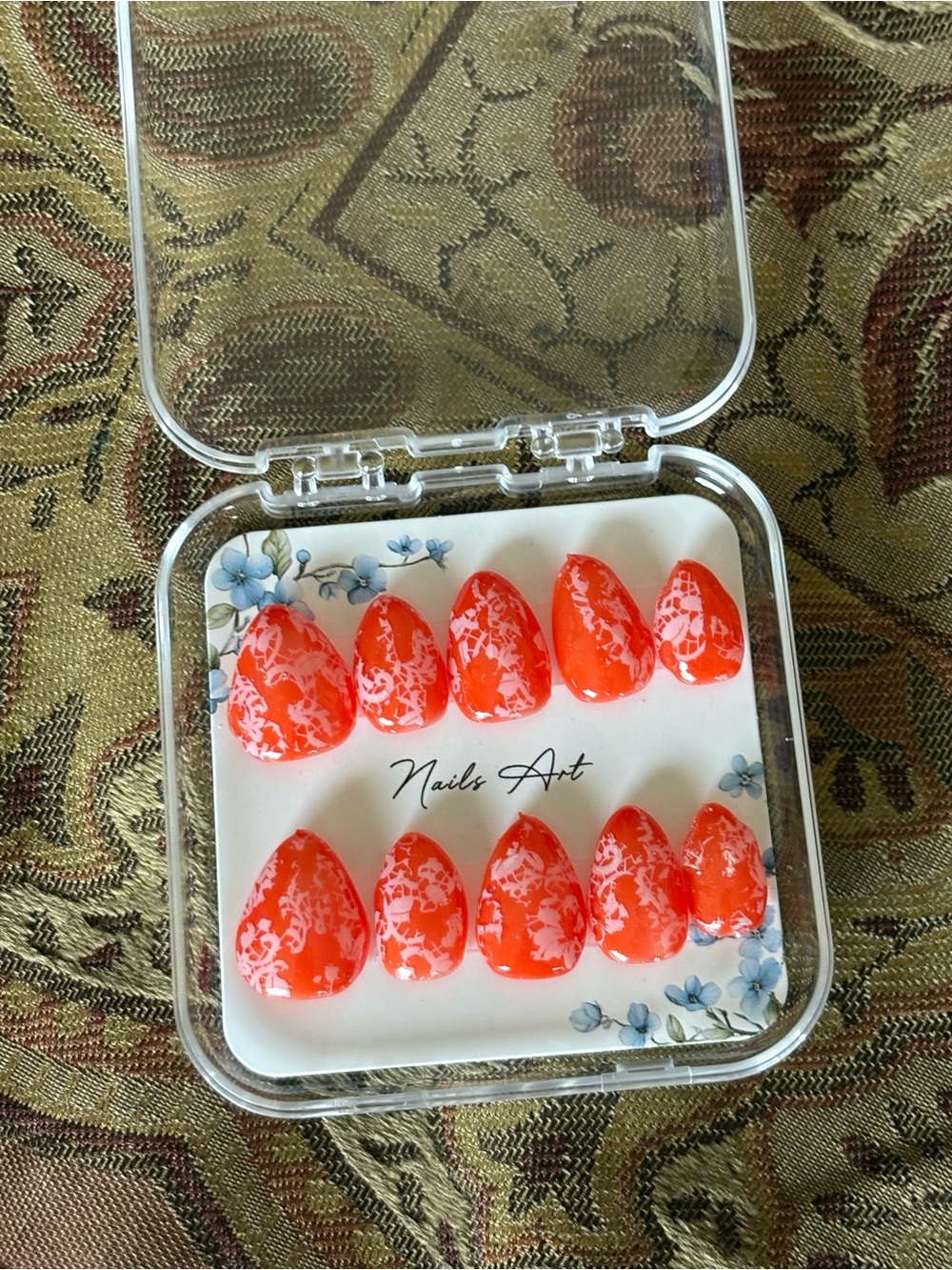 Bright Coral Lace Press-On Nails